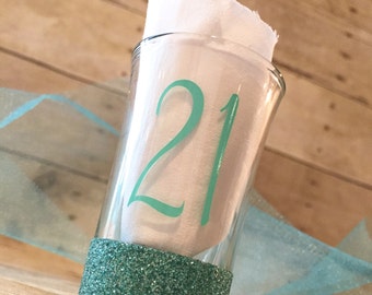 Custom Birthday Shot Glass - Shotglass - Personalized Shot Glass Set - Glitter Dipped - 21st Birthday Favor - Girls Night Out - Monogrammed