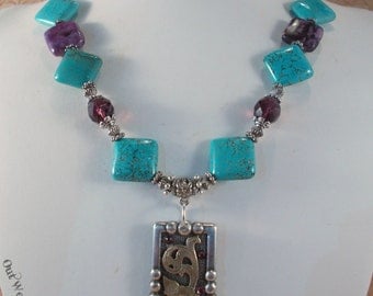 Western Cowgirl Necklace Set - Chunky Aqua Howlite Turquoise and Purple Sugalite - Concho Pendant