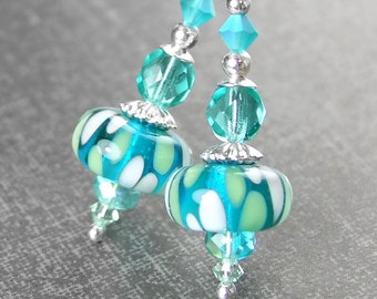 Sea Green Blue Drop Earrings Sterling Silver Leverback Earrings Seafoam Artisan Glass Earrings Teal Dangle Earrings Lampwork Jewelry