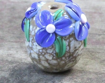 Purple Floral Flower Olive Organic Lampwork Glass Bead Handmade SRA Unique OOAK NLC Beads leteam