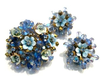 Alice Caviness Brooch Set Designer Signed Vintage Jewelry Blue Enamel Rhinestone Flower Set Brooch Earrings