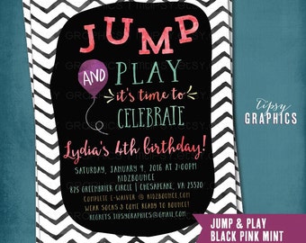 Trampoline Bounce House Birthday Party Invitation JUMP & Play. Tumble Jump Flip Gymnastics Bouncy House Watercolor Invite by Tipsy Graphics.