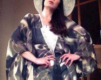 Handmade muted olive and mauve chiffon kimono top with vintage lace trim size m