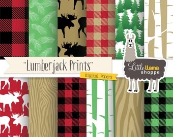 Lumberjack Digital Paper, Buffalo Plaid Digital Paper, Red and Black Flannel Plaid Pattern, Forest Scrapbook Paper, Commercial Use