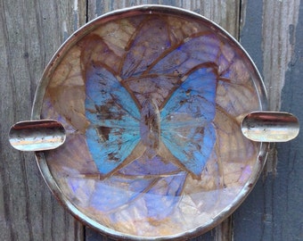 Vintage butterfly ashtray, real butterfly wings, vintage butterfly home decor