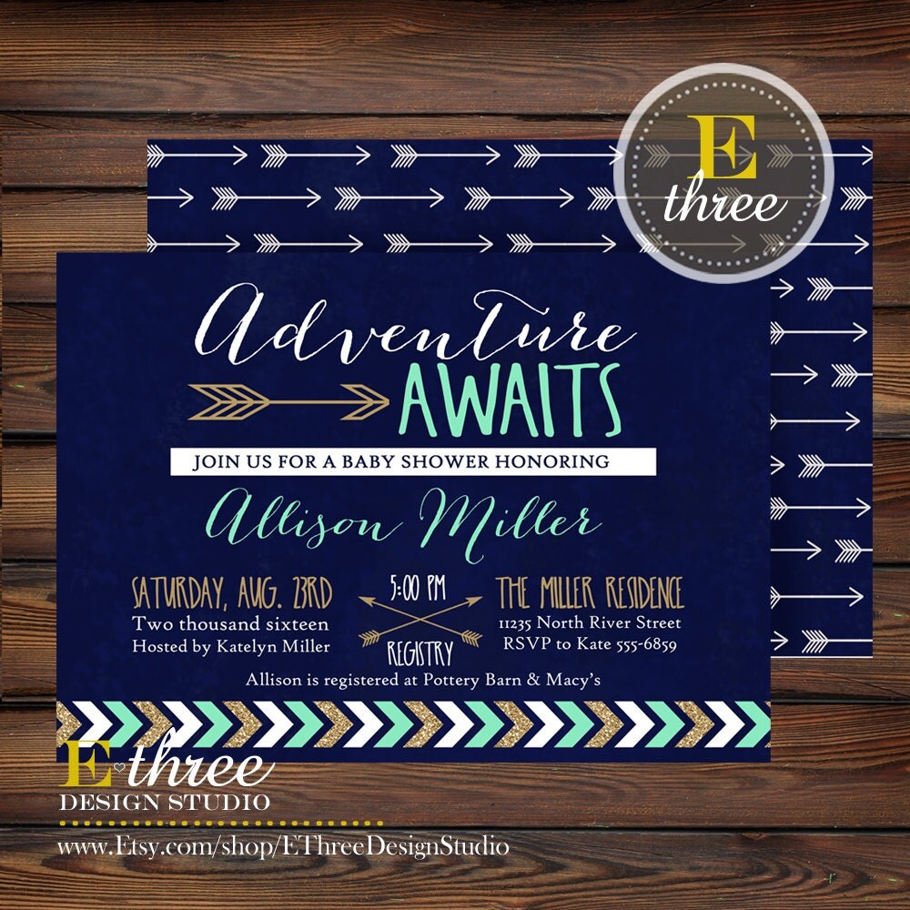 Adventure Awaits Baby Shower Invitation Navy Mint Gold