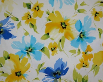 REMNANT--Blue and Yellow on White Floral Print Stretch Cotton Sateen Fabric--One Yard