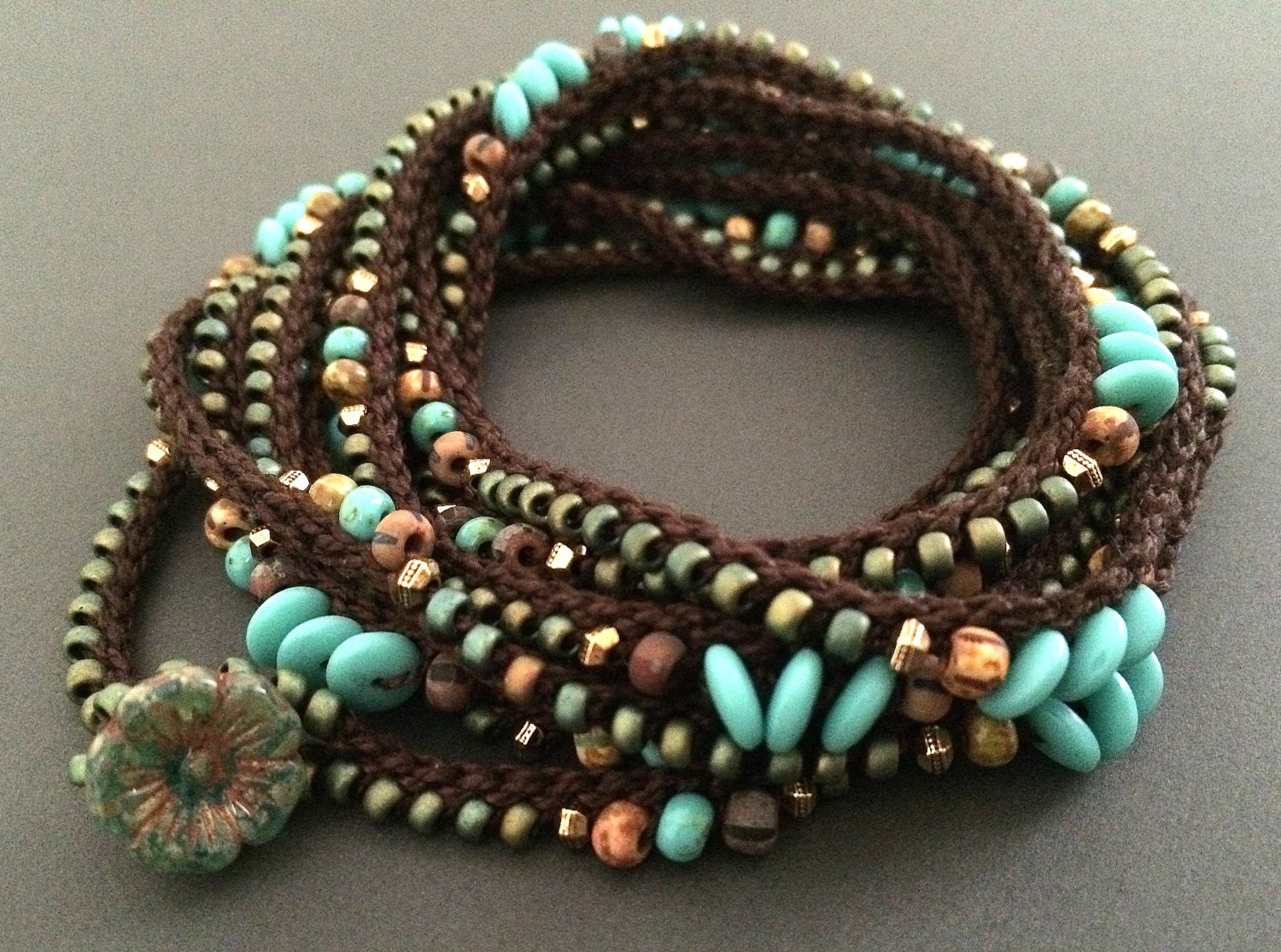 Aqua beaded boho wrap bracelet crochet bracelet