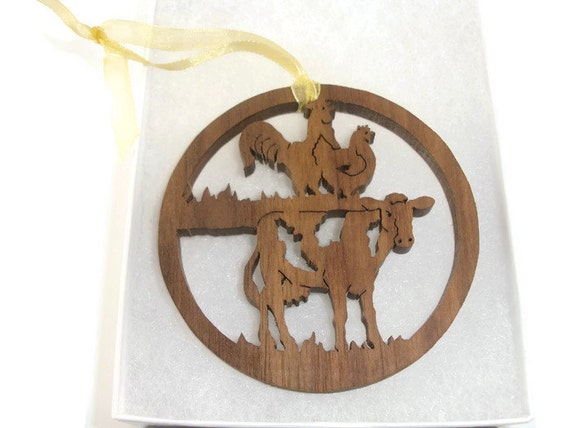 Cow, Rooster, And Chicken Farmyard Scene Christmas Ornament Handmade From Walnut Wood By KevsKrafts