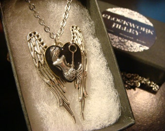 Mermaid with Tiny Key on Angel Wings Steampunk Necklace (2078)