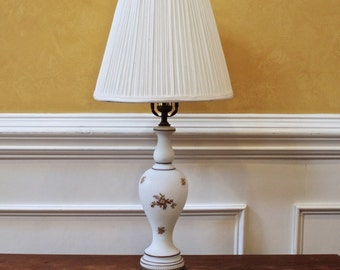 Vintage Glass Table Lamp, White with Gold Flowers.