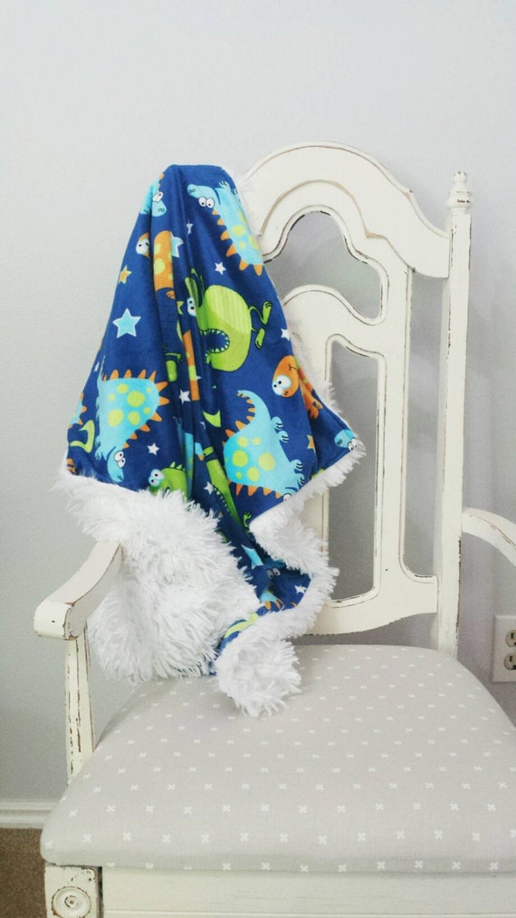 Baby Boy Minky Blanket with Blue Green and Orange Dinosaurs