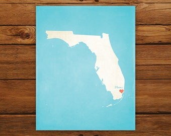Customized Florida State Art Print, State Map, Heart, Silhouette, Aged-Look Personalized Print