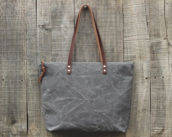 The Everyday Tote in STORM // Waxed Canvas Tote Bag // Large Zipper Tote // Leather Straps
