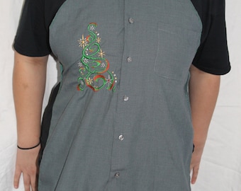 Handmade Apron embroidered with a beautiful decorated Christmas Tree made from Man's dress Shirt
