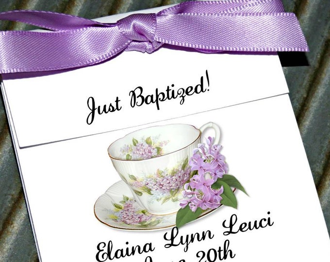 Personalized Dainty Lilacs Floral Teacup Tea Party Favors perfect First Holy Communion Favors or Baptism ~ Lavender Tea cup Tea Bag Holders