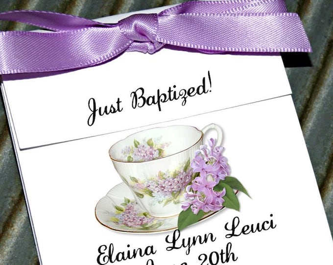 Personalized Dainty Lilacs Floral Teacup Tea Party Favors perfect First Holy Communion Favors or Baptism ~ Lavender Tea cup Tea Bag Holders