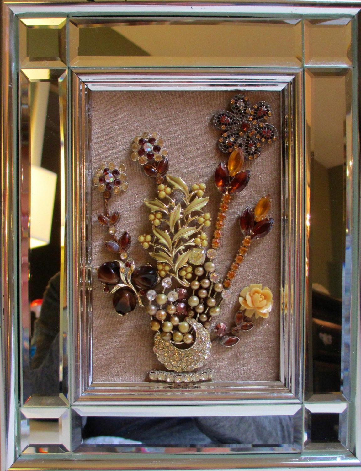 Jeweled Framed Jewelry Abstract Flower Arrangement Amber Beige