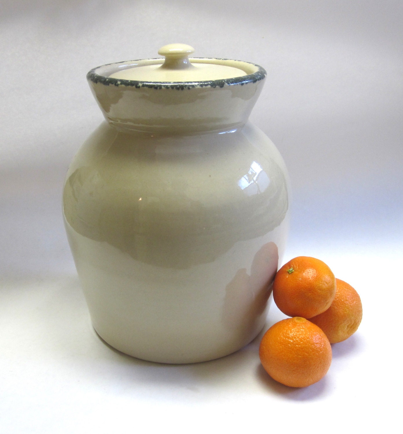 Large Stoneware Crock With Lid Spongeware Trim