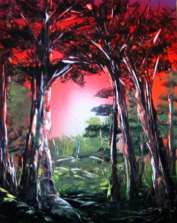 Spray Paint Art Original Tree Forest Sunset Landscape by EacArt