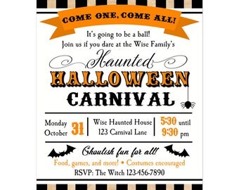 Halloween Carnival Invitation Printable or Printed with FREE SHIPPING - Big Top Stripe Collection