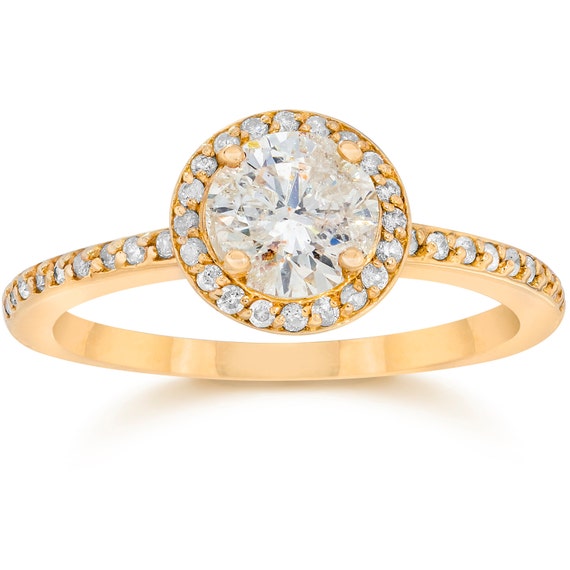 14K Yellow Gold Diamond Engagement Ring 7/8 Carat Halo Style