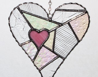 Stained Glass Suncatcher - Love, Pink Heart Abstract with Clear Textured Glass, Valentine's Day Gift