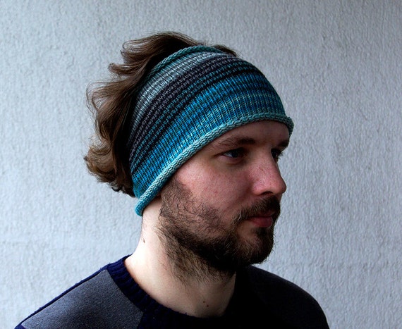 Knitted Mens Headband Guys knit hair wrap blue turquoise
