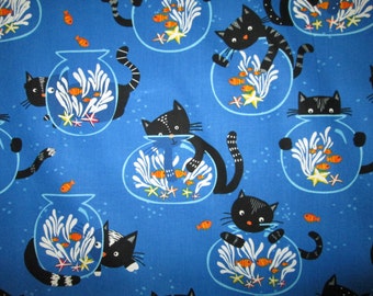Cats Fish Bowl Blue Cotton Fabric Fat Quarter Or Custom Listing