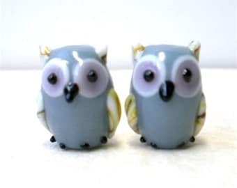 2, 10 pieces Gray Owl Beads, Lampwork Glass Birds, Animal