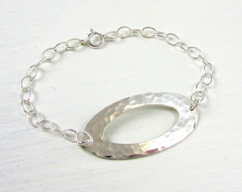 Hammered Silver Bracelet, Sterling Silver Oval Bracelet, .925 Silver, Oval Cable Chain, E. Ria Designs