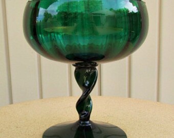 vintage 40s green glass pedestal compote dish candy dish hand blown norcrest