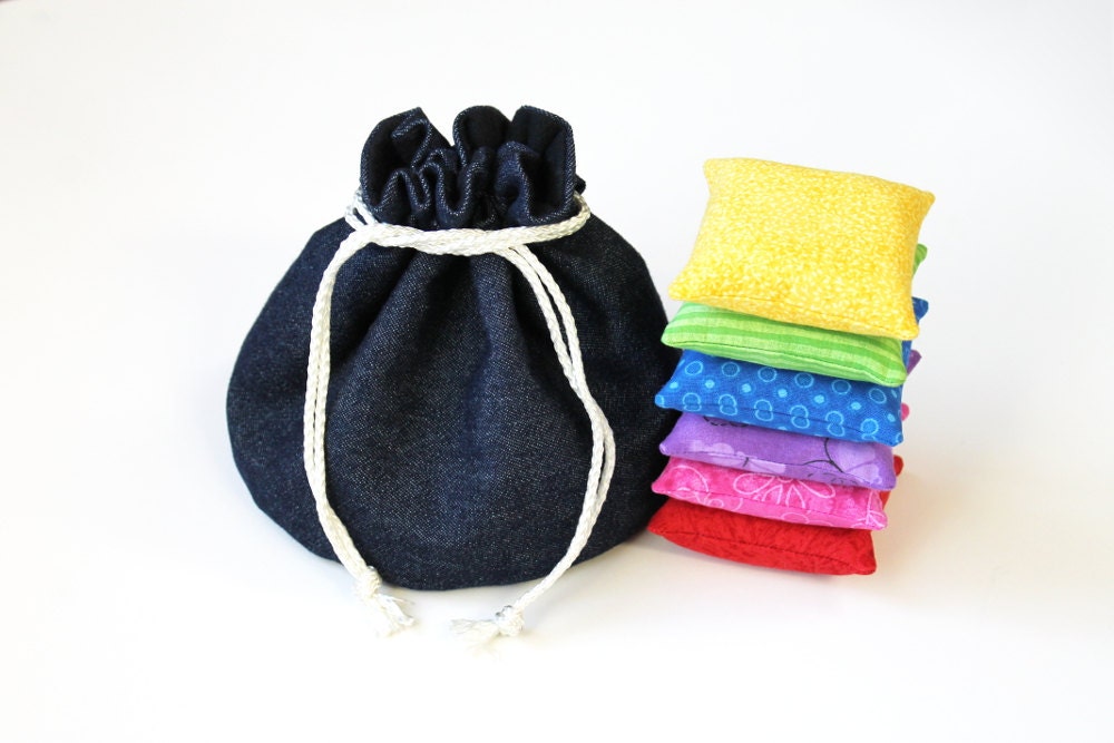 Denim & Black Flannel Bucket Bag with Rainbow Bean Bags set