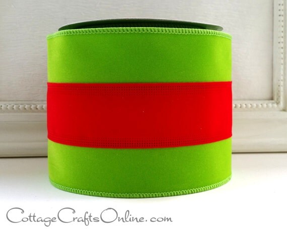 christmas wired ribbon 4 lime green with red stripe christmas wired ribbon 4 lime green with red stripe
