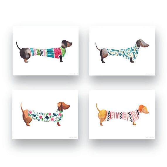 FOUR prints dachshund love posters A4 Watercolour print