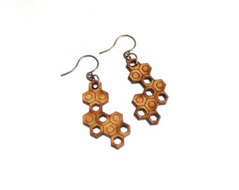 small geometric earrings - Bamboo Hexagon Cluster Earrings - Semi-Filled. natural bamboo, modern eco fashion gifts