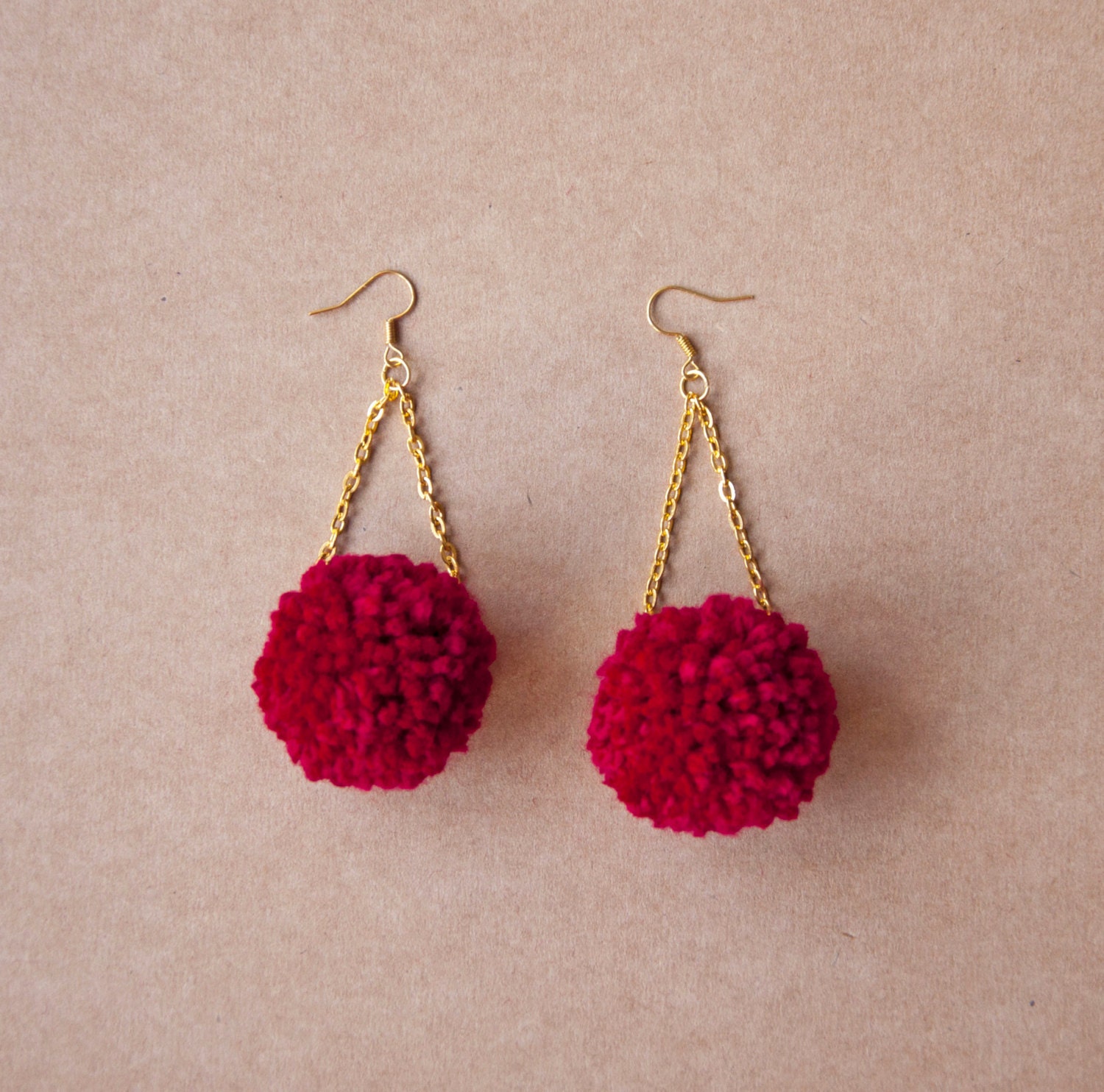 Pom Pom earrings deep red fluffy earrings soft boho