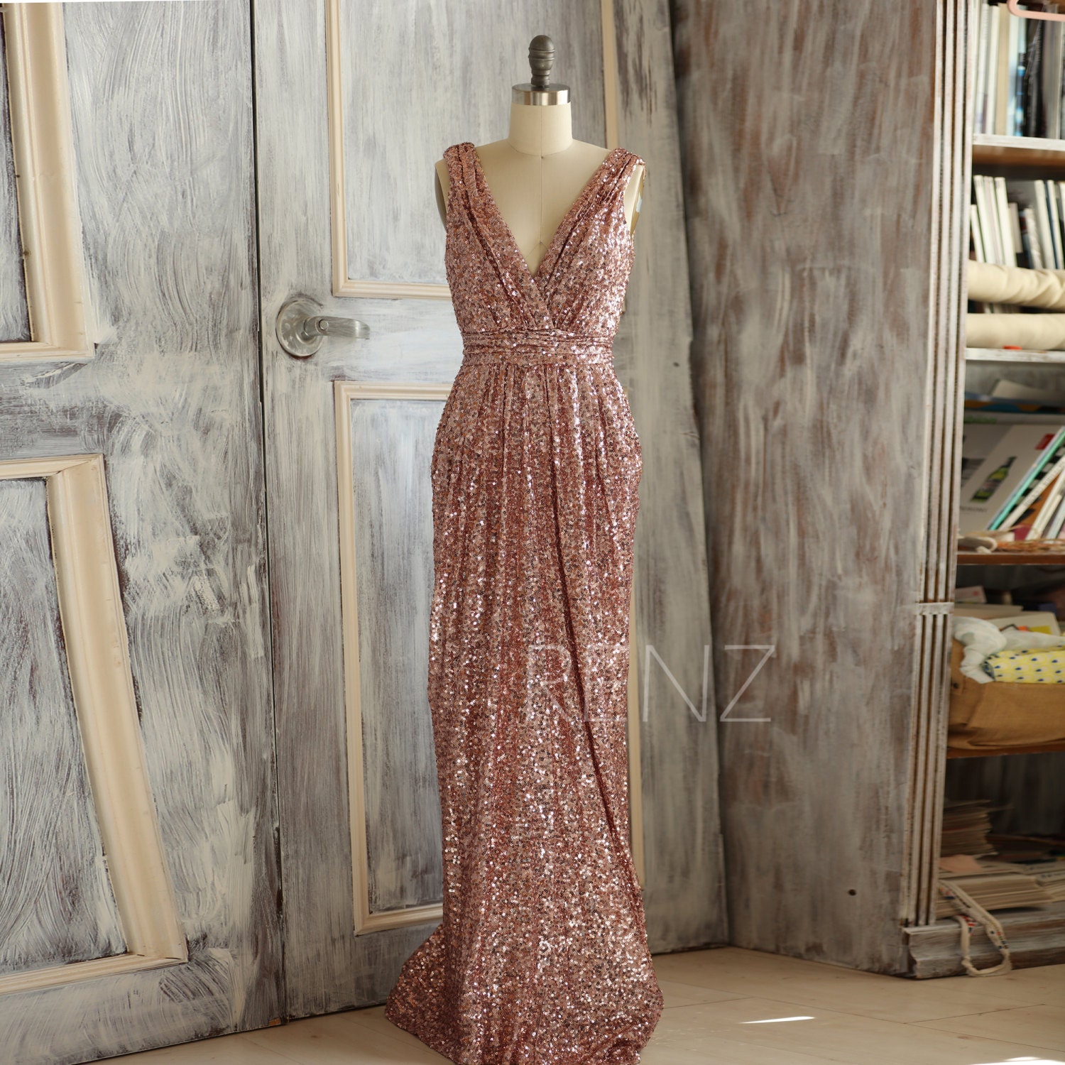 2016 Short Rose Gold Bridesmaid Dress Sequin V Neck by RenzRags