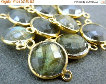 12% off Wholesale Gemstone Connector- Labradorite Station Round Connector - 10mm Gold Vermeil Bezel Link - Double Bail Charm Pendant (WC-21)