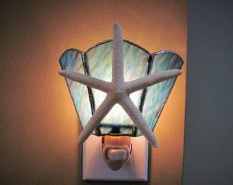 Starfish Night Light - Ocean Blue Mixed Ripple Glass Handcrafted Authentic Stained Glass - Authentic Starfish - Wide Fan Design