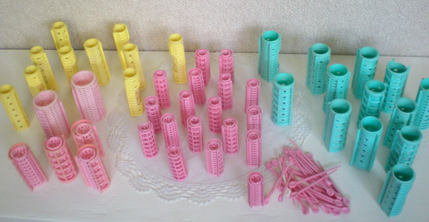 47 Rollers CURLERS with PINS Lot of Plastic Old Vintage Hair