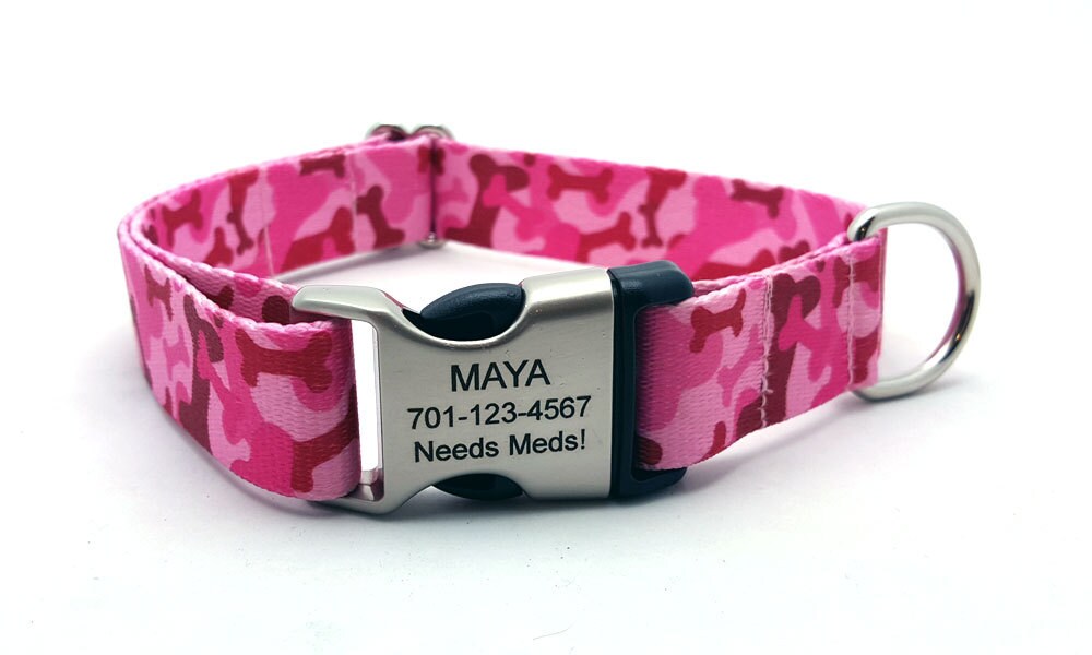 CAMO BONES PINK Polyester bing Dog Collar with Laser