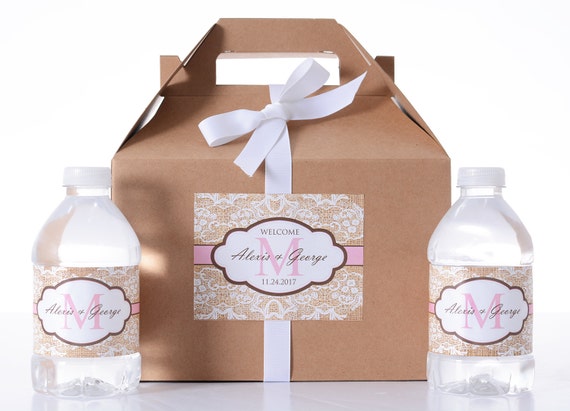 Custom Wedding Boxes - 30 Wedding Favor Box / Welcome Box Labels Gable Wedding Box Set with 60 Water Bottle Labels Il_570xn