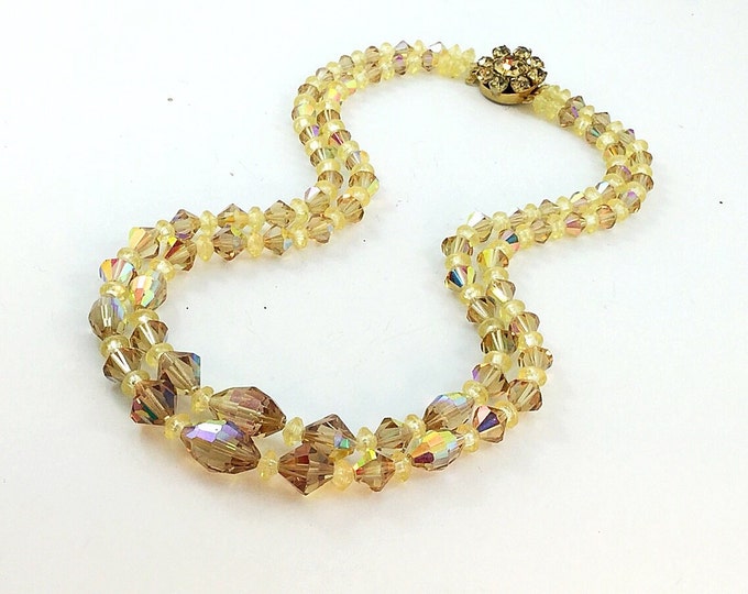 Wow Vintage Topaz Aurora Borealis Crystal Glass Beaded Necklace with rhinestones. Double Strand Crystal Necklace, Honey Brown Crystals.