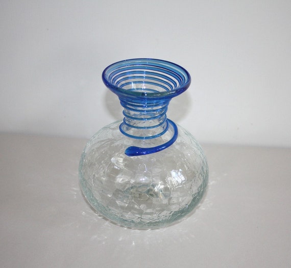 Blenko Glass Crackle Vase 8318 with Applied Spiral Swirl in