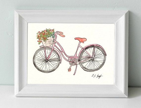 Little Pink Bike Original Watercolor Painting by GrowCreativeShop