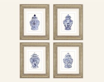 Set of 4 Blue & White Ginger Jar with Florals and Vines Fine Art Prints on Archival Watercolor Paper
