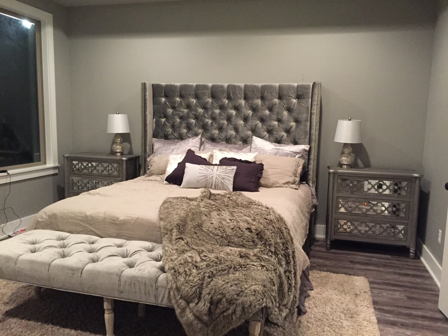 Diamond Tufted Wingback Headboard and Bench Set King Extra