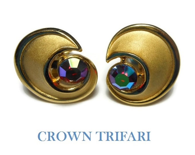 FREE SHIPPING Crown Trifari AB earrings, aurora borealis ruby red rhinestone half moon earrings 1955 Mad Men, gold plated