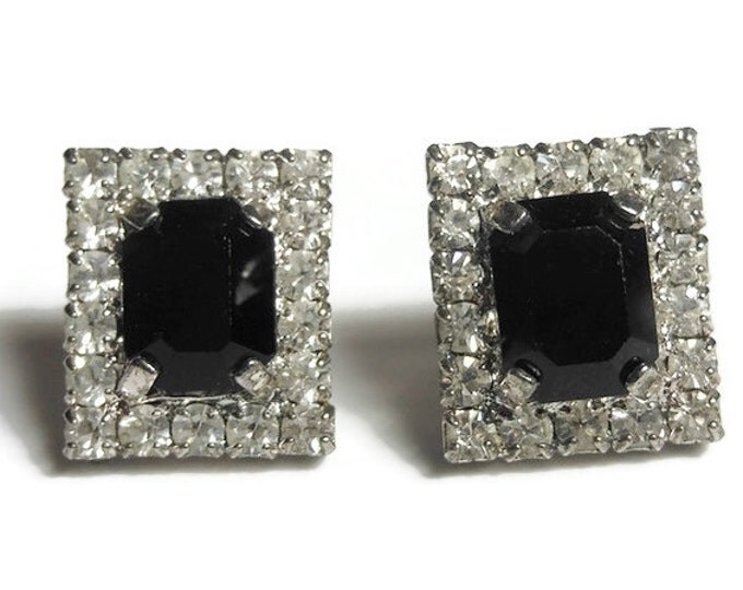 Rectangular rhinestone earrings, small faux onyx prong set baguette surrounded by prong set rhinestones, post pierced earrings